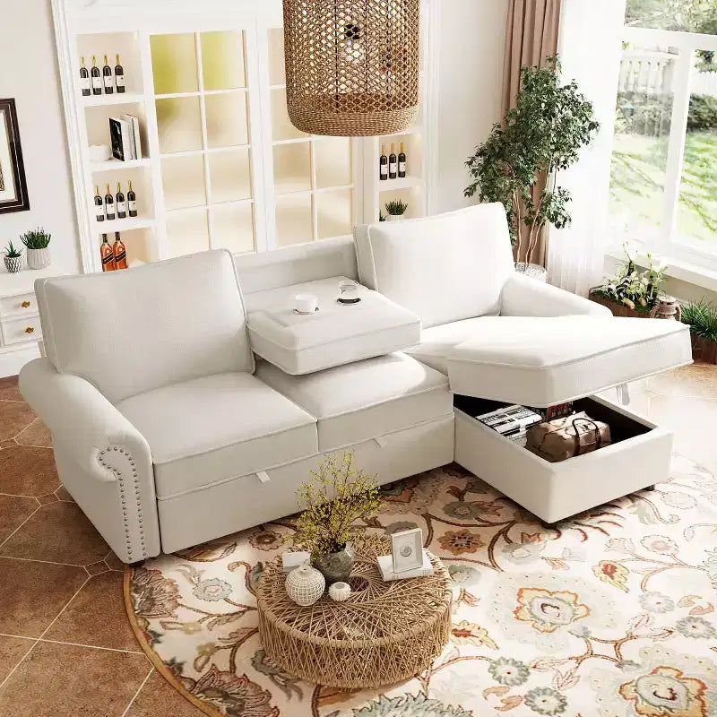 Divano componibile moderno in tessuto 95 con chaise longue contenitore e schienale a ribalta, divano letto convertibile per soggiorno o salotto