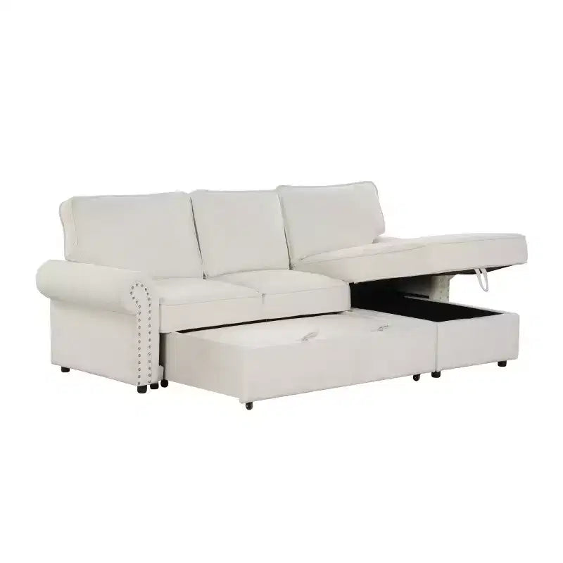 Divano componibile moderno in tessuto 95 con chaise longue contenitore e schienale a ribalta, divano letto convertibile per soggiorno o salotto