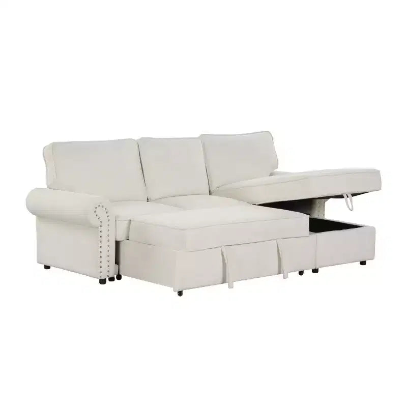 Divano componibile moderno in tessuto 95 con chaise longue contenitore e schienale a ribalta, divano letto convertibile per soggiorno o salotto