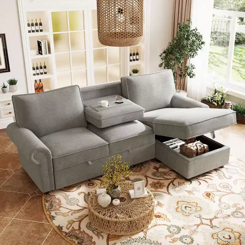 Divano componibile moderno in tessuto 95 con chaise longue contenitore e schienale a ribalta, divano letto convertibile per soggiorno o salotto