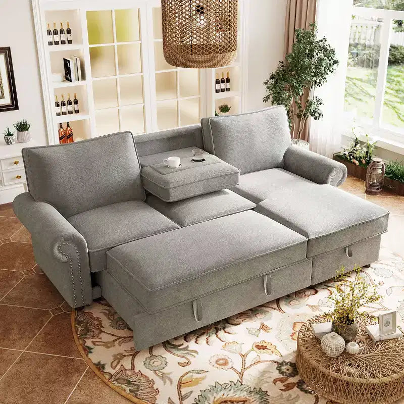 Divano componibile moderno in tessuto 95 con chaise longue contenitore e schienale a ribalta, divano letto convertibile per soggiorno o salotto