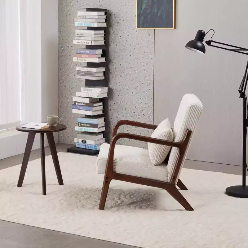 Set Poltrona e Tavolino da Caffè Mid-Century Modern, Poltrona Beige e Tavolino Color Noce per Soggiorno o Camera da Letto Relax
