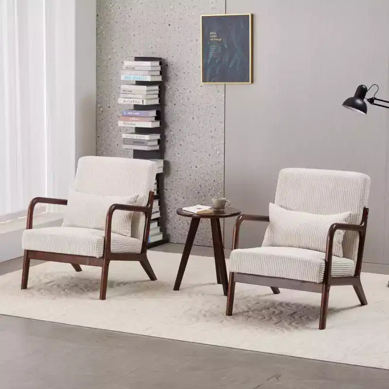 Set Poltrona e Tavolino da Caffè Mid-Century Modern, Poltrona Beige e Tavolino Color Noce per Soggiorno o Camera da Letto Relax