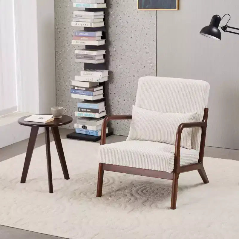 Set Poltrona e Tavolino da Caffè Mid-Century Modern, Poltrona Beige e Tavolino Color Noce per Soggiorno o Camera da Letto Relax