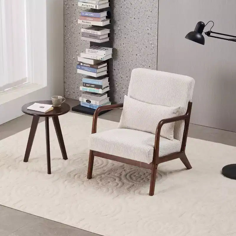 Set Poltrona e Tavolino da Caffè Mid-Century Modern, Poltrona Beige e Tavolino Color Noce per Soggiorno o Camera da Letto Relax