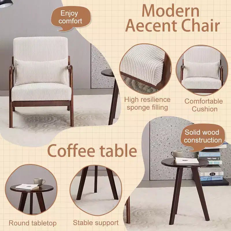 Set Poltrona e Tavolino da Caffè Mid-Century Modern, Poltrona Beige e Tavolino Color Noce per Soggiorno o Camera da Letto Relax