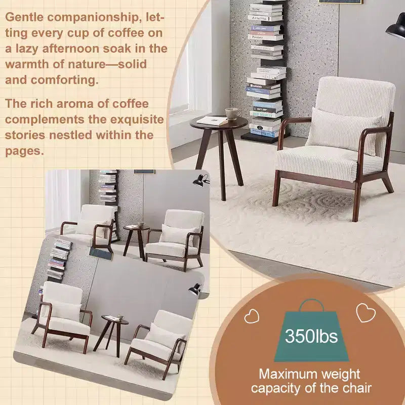 Set Poltrona e Tavolino da Caffè Mid-Century Modern, Poltrona Beige e Tavolino Color Noce per Soggiorno o Camera da Letto Relax