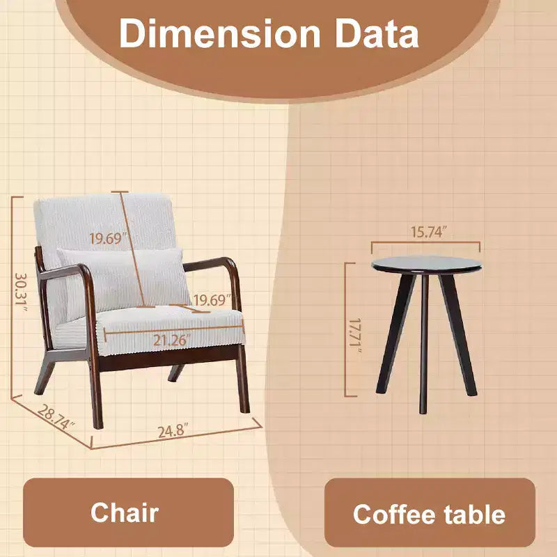Set Poltrona e Tavolino da Caffè Mid-Century Modern, Poltrona Beige e Tavolino Color Noce per Soggiorno o Camera da Letto Relax