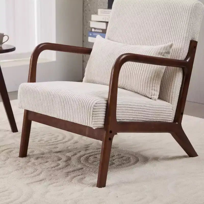 Set Poltrona e Tavolino da Caffè Mid-Century Modern, Poltrona Beige e Tavolino Color Noce per Soggiorno o Camera da Letto Relax