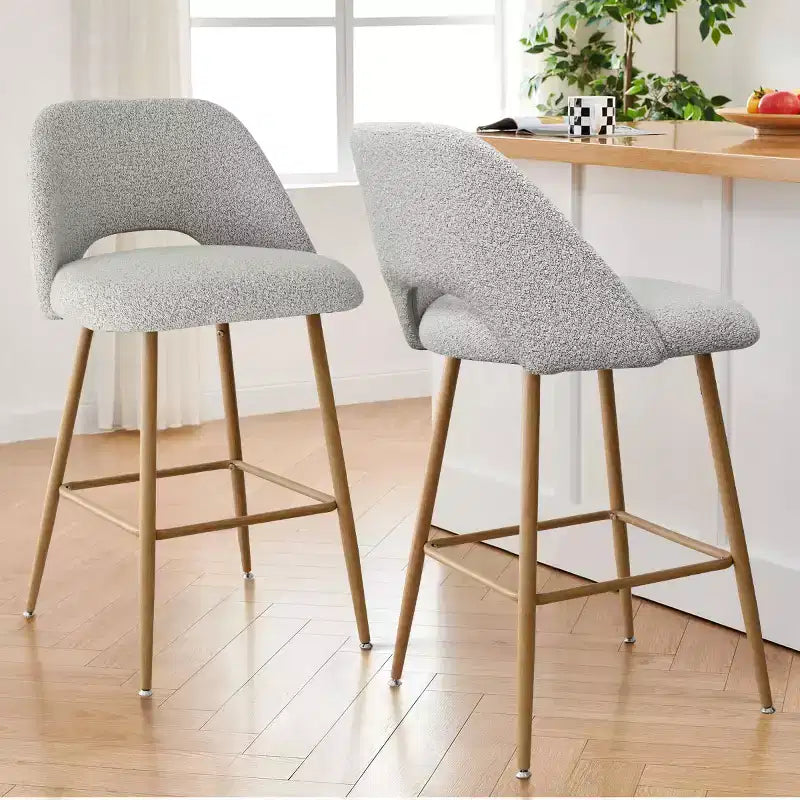 Set di 4 Sgabelli da Bar con Schienale in Boucle, Altezza Bancone, 27 Sedie da Bar per Colazione in Stile Moderno di Metà Secolo con Gambe in Metallo Effetto Legno