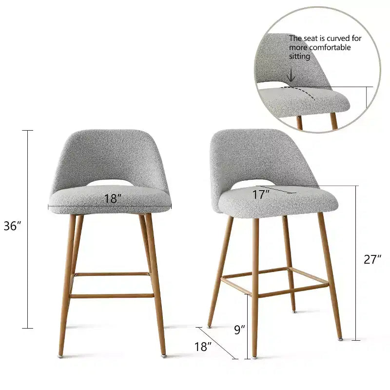 Set di 4 Sgabelli da Bar con Schienale in Boucle, Altezza Bancone, 27 Sedie da Bar per Colazione in Stile Moderno di Metà Secolo con Gambe in Metallo Effetto Legno
