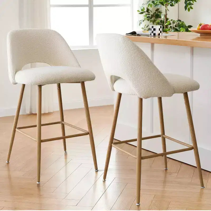 Set di 4 Sgabelli da Bar con Schienale in Boucle, Altezza Bancone, 27 Sedie da Bar per Colazione in Stile Moderno di Metà Secolo con Gambe in Metallo Effetto Legno