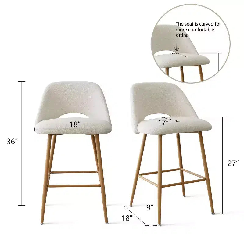 Set di 4 Sgabelli da Bar con Schienale in Boucle, Altezza Bancone, 27 Sedie da Bar per Colazione in Stile Moderno di Metà Secolo con Gambe in Metallo Effetto Legno