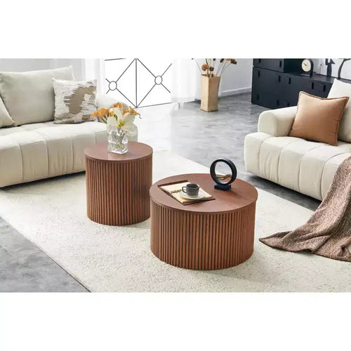 Set di 2 tavolini impilabili con design a colonna romana e contenitore nascosto, finitura effetto legno per soggiorno