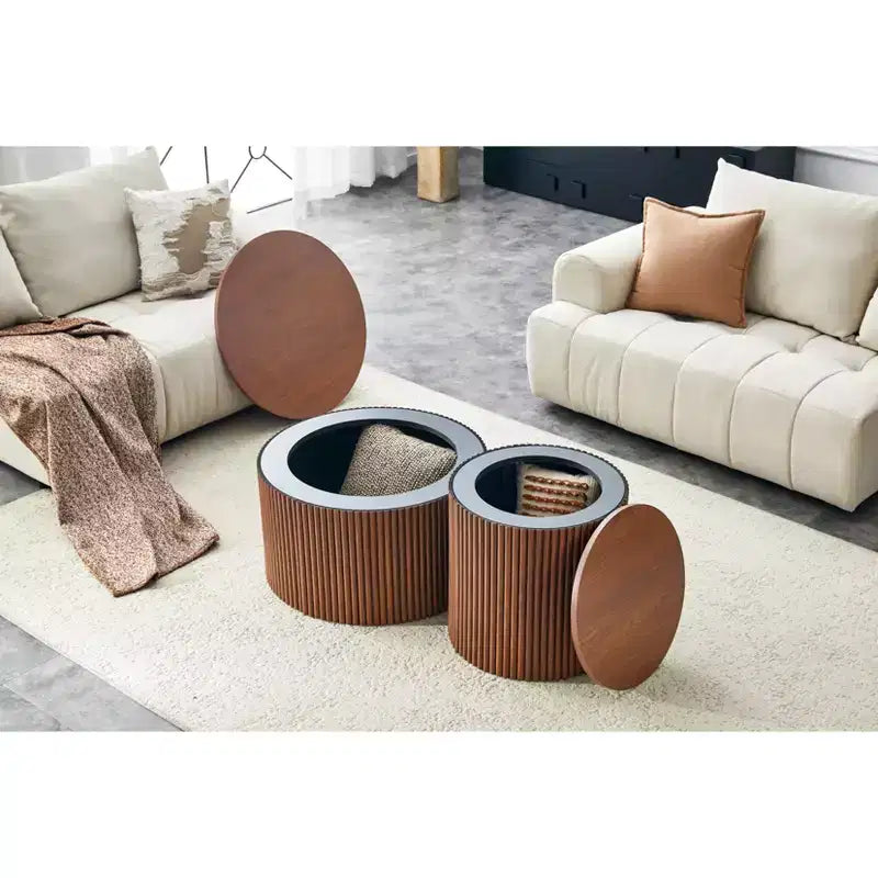 Set di 2 tavolini impilabili con design a colonna romana e contenitore nascosto, finitura effetto legno per soggiorno