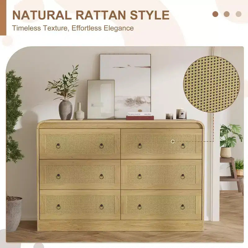 Cassettiera in Rattan ad Arco Larga 117 cm - Comò a 6 Cassetti per Camera da Letto, Contenitore per Soggiorno e Corridoio, Cassettiera in Legno di Ispirazione Mid-Century