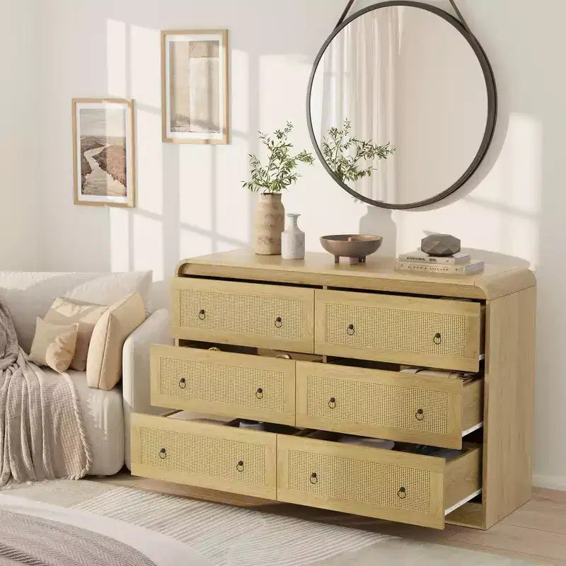 Cassettiera in Rattan ad Arco Larga 117 cm - Comò a 6 Cassetti per Camera da Letto, Contenitore per Soggiorno e Corridoio, Cassettiera in Legno di Ispirazione Mid-Century