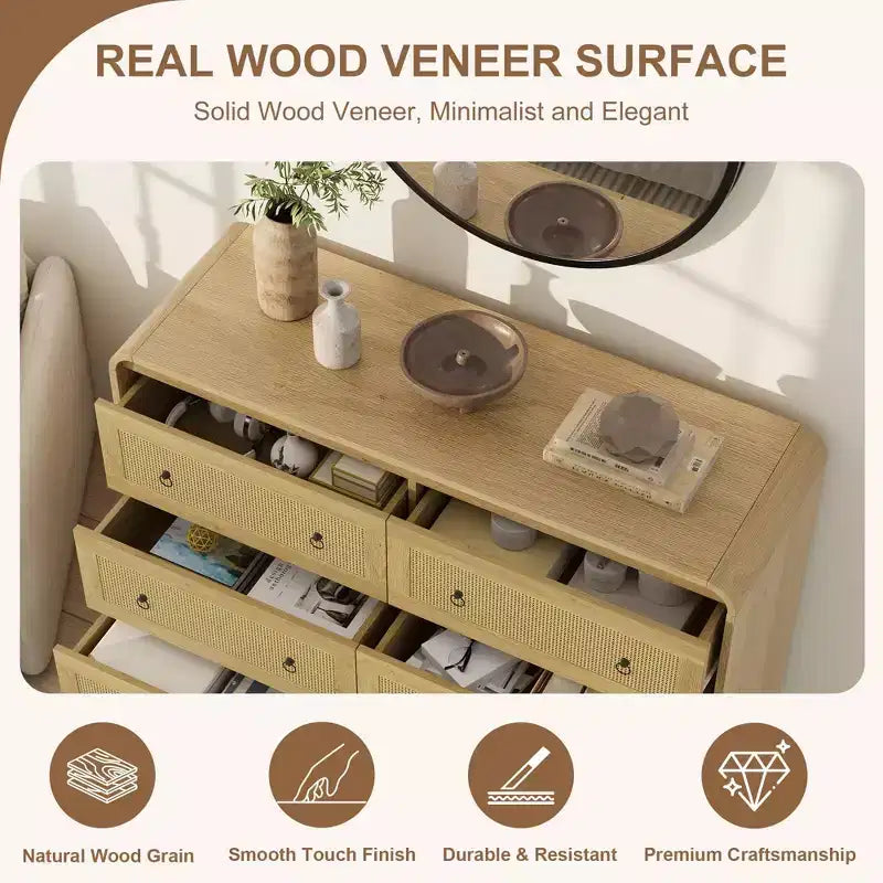 Cassettiera in Rattan ad Arco Larga 117 cm - Comò a 6 Cassetti per Camera da Letto, Contenitore per Soggiorno e Corridoio, Cassettiera in Legno di Ispirazione Mid-Century