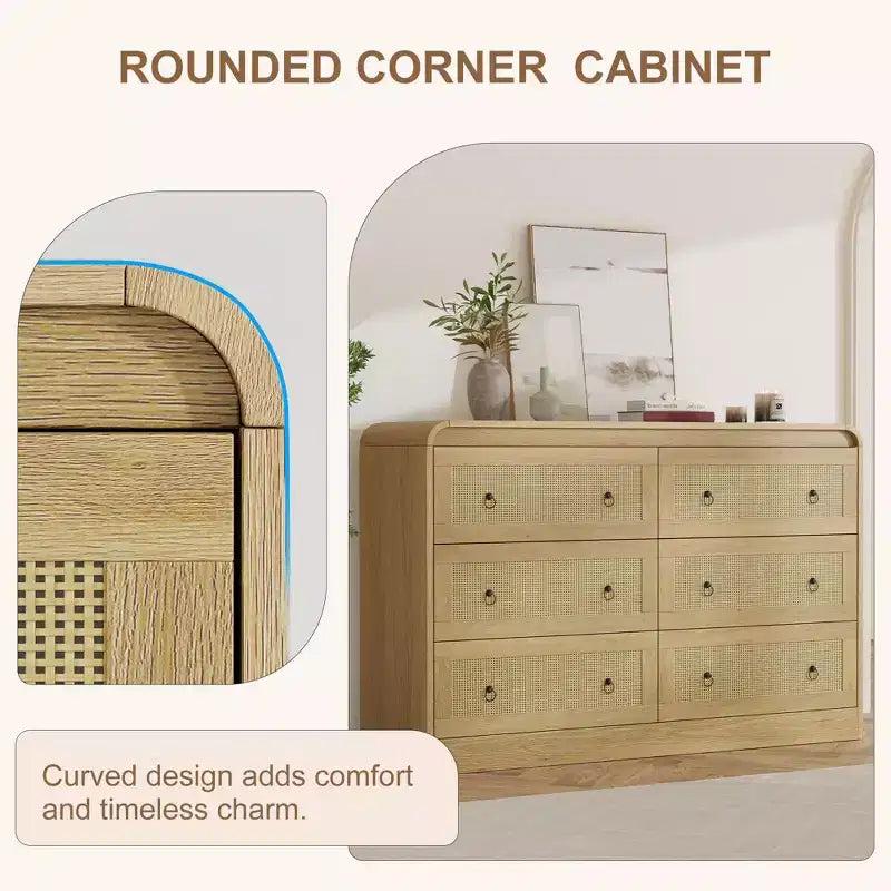 Cassettiera in Rattan ad Arco Larga 117 cm - Comò a 6 Cassetti per Camera da Letto, Contenitore per Soggiorno e Corridoio, Cassettiera in Legno di Ispirazione Mid-Century