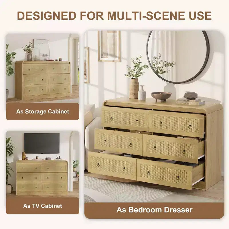 Cassettiera in Rattan ad Arco Larga 117 cm - Comò a 6 Cassetti per Camera da Letto, Contenitore per Soggiorno e Corridoio, Cassettiera in Legno di Ispirazione Mid-Century