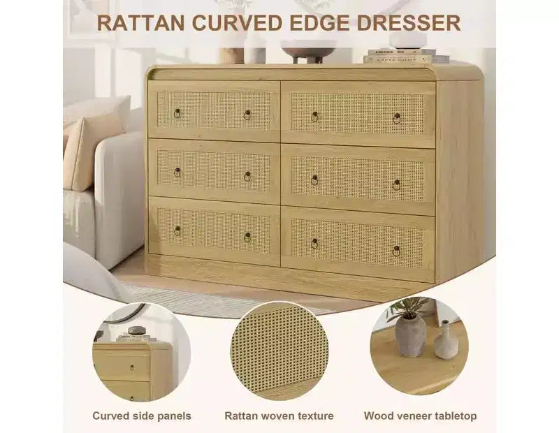 Cassettiera in Rattan ad Arco Larga 117 cm - Comò a 6 Cassetti per Camera da Letto, Contenitore per Soggiorno e Corridoio, Cassettiera in Legno di Ispirazione Mid-Century