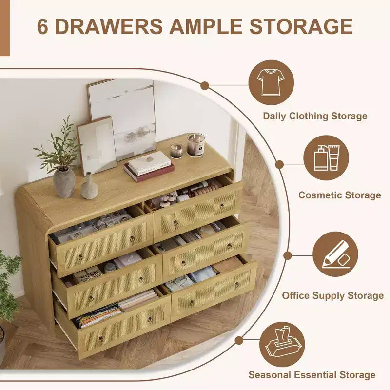 Cassettiera in Rattan ad Arco Larga 117 cm - Comò a 6 Cassetti per Camera da Letto, Contenitore per Soggiorno e Corridoio, Cassettiera in Legno di Ispirazione Mid-Century