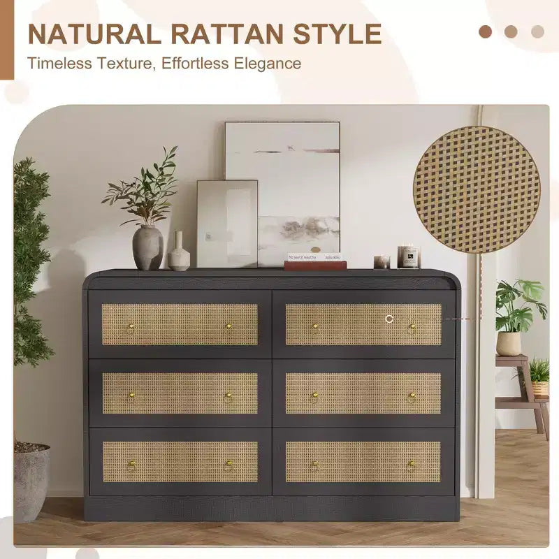 Cassettiera in Rattan ad Arco Larga 117 cm - Comò a 6 Cassetti per Camera da Letto, Contenitore per Soggiorno e Corridoio, Cassettiera in Legno di Ispirazione Mid-Century