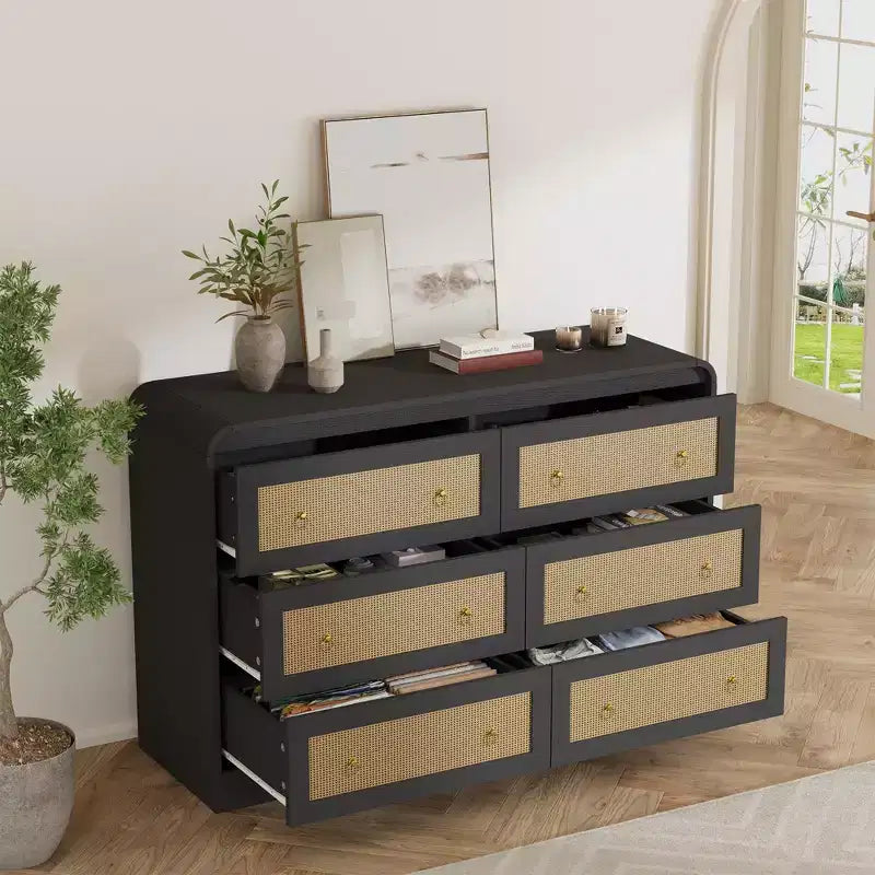 Cassettiera in Rattan ad Arco Larga 117 cm - Comò a 6 Cassetti per Camera da Letto, Contenitore per Soggiorno e Corridoio, Cassettiera in Legno di Ispirazione Mid-Century