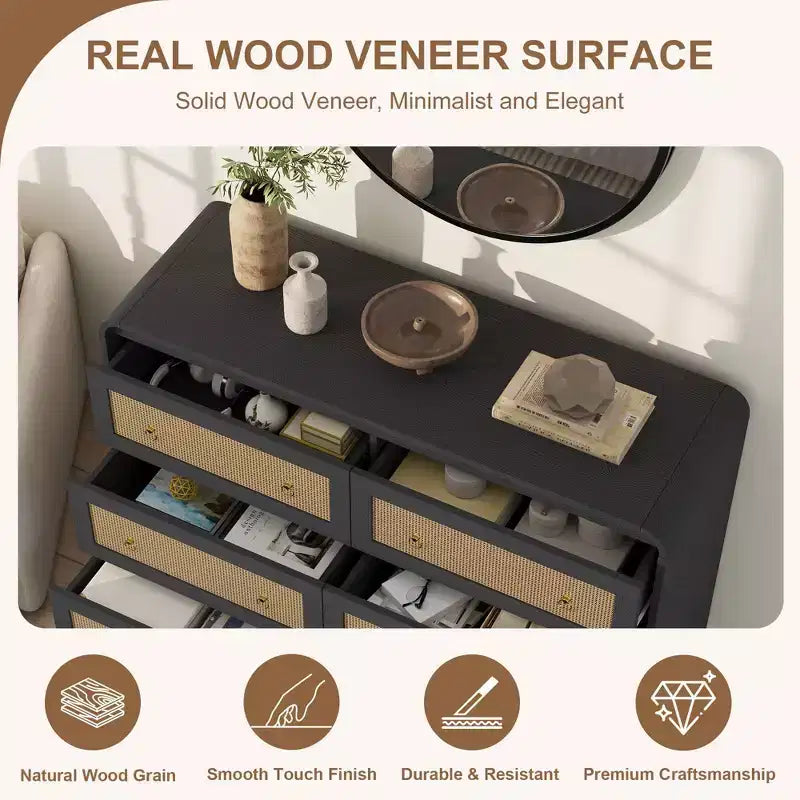 Cassettiera in Rattan ad Arco Larga 117 cm - Comò a 6 Cassetti per Camera da Letto, Contenitore per Soggiorno e Corridoio, Cassettiera in Legno di Ispirazione Mid-Century