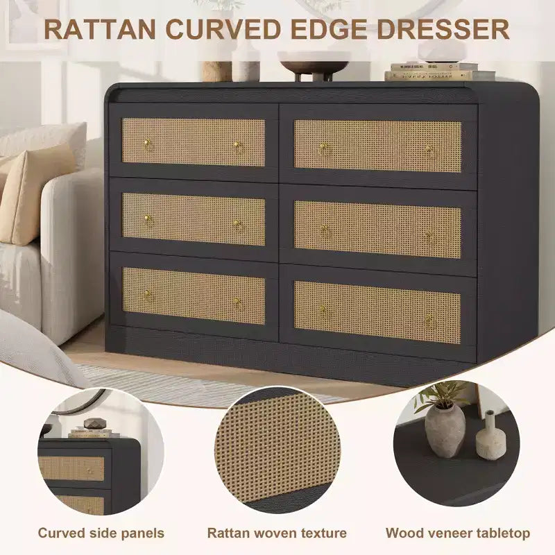 Cassettiera in Rattan ad Arco Larga 117 cm - Comò a 6 Cassetti per Camera da Letto, Contenitore per Soggiorno e Corridoio, Cassettiera in Legno di Ispirazione Mid-Century