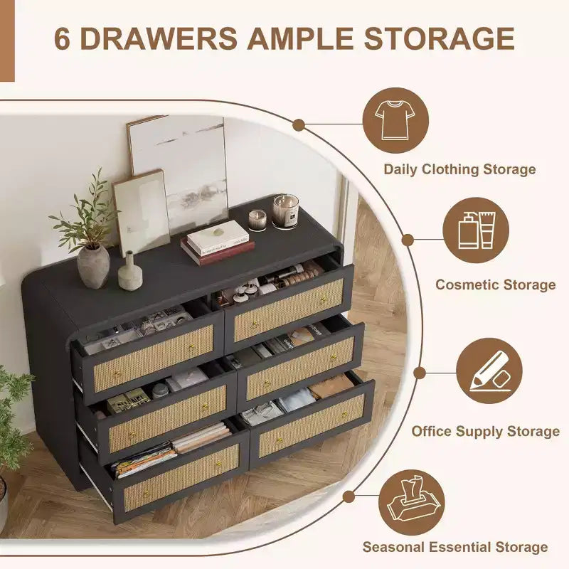 Cassettiera in Rattan ad Arco Larga 117 cm - Comò a 6 Cassetti per Camera da Letto, Contenitore per Soggiorno e Corridoio, Cassettiera in Legno di Ispirazione Mid-Century