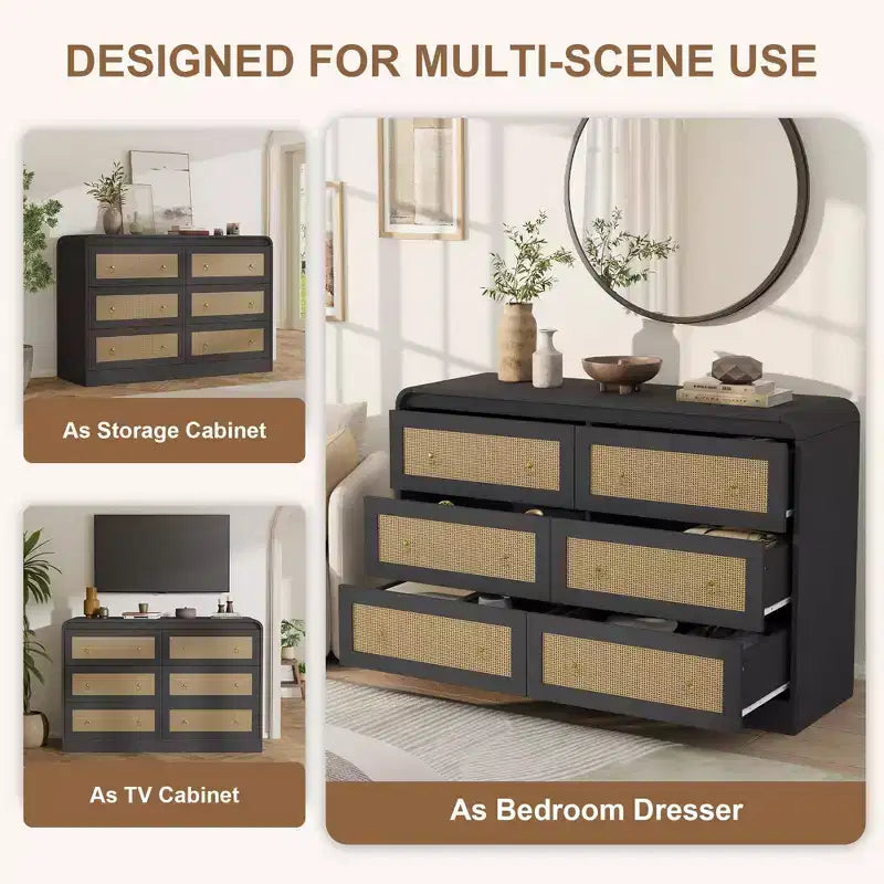 Cassettiera in Rattan ad Arco Larga 117 cm - Comò a 6 Cassetti per Camera da Letto, Contenitore per Soggiorno e Corridoio, Cassettiera in Legno di Ispirazione Mid-Century