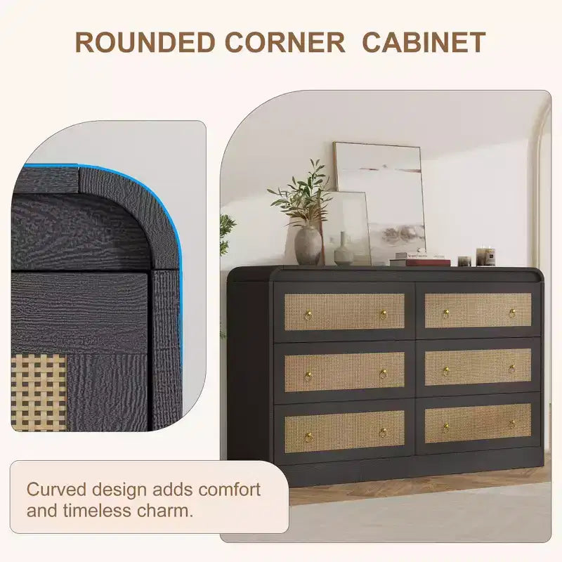 Cassettiera in Rattan ad Arco Larga 117 cm - Comò a 6 Cassetti per Camera da Letto, Contenitore per Soggiorno e Corridoio, Cassettiera in Legno di Ispirazione Mid-Century