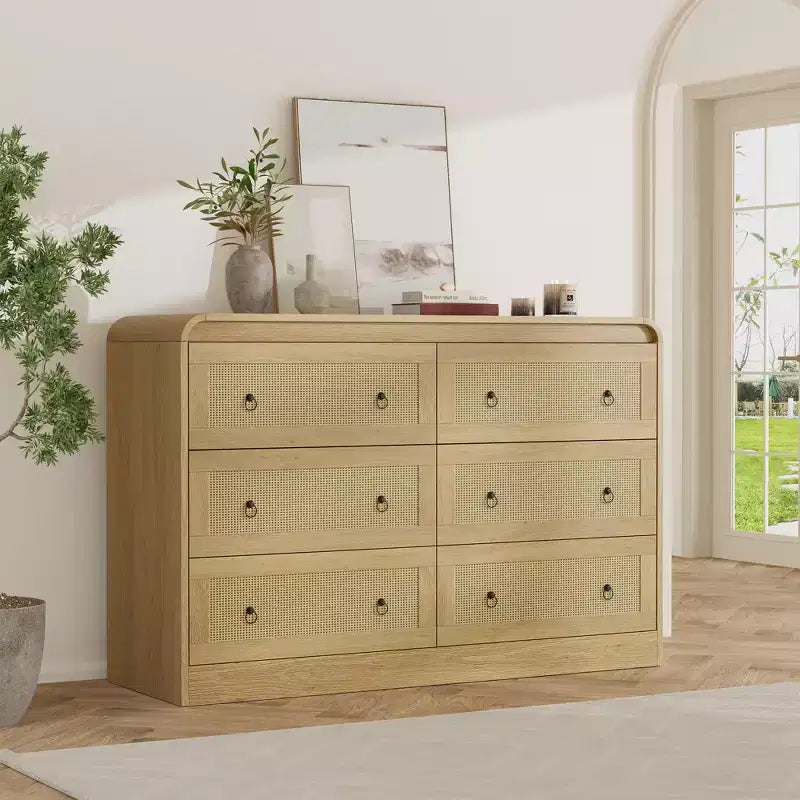Cassettiera in Rattan ad Arco Larga 117 cm - Comò a 6 Cassetti per Camera da Letto, Contenitore per Soggiorno e Corridoio, Cassettiera in Legno di Ispirazione Mid-Century