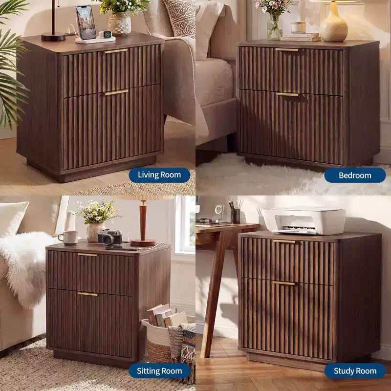 Comodino scanalato con stazione di ricarica, comodino a 2 cassetti Mid Century da 23 pollici, tavolino moderno curvo per camera da letto e soggiorno