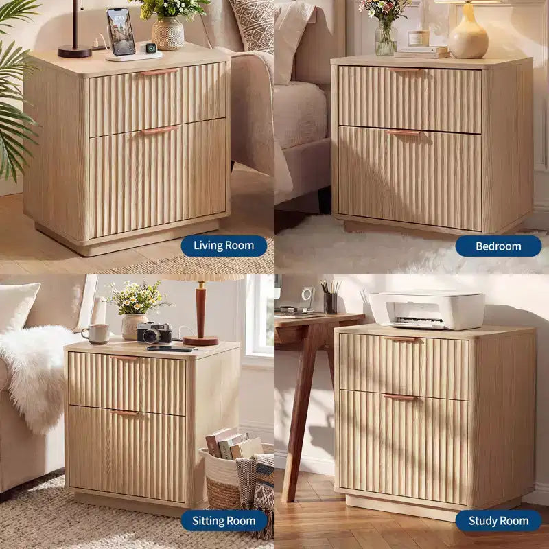 Comodino scanalato con stazione di ricarica, comodino a 2 cassetti Mid Century da 23 pollici, tavolino moderno curvo per camera da letto e soggiorno