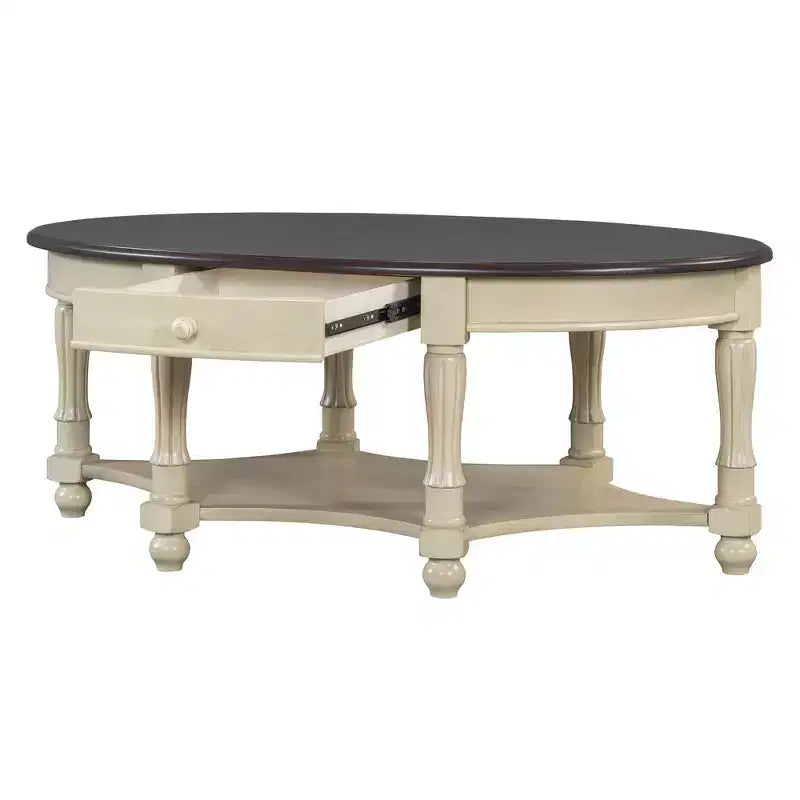 Tavolino Ovale da Salotto Francese in Stile Vintage con Cassetto e Ripiano Inferiore