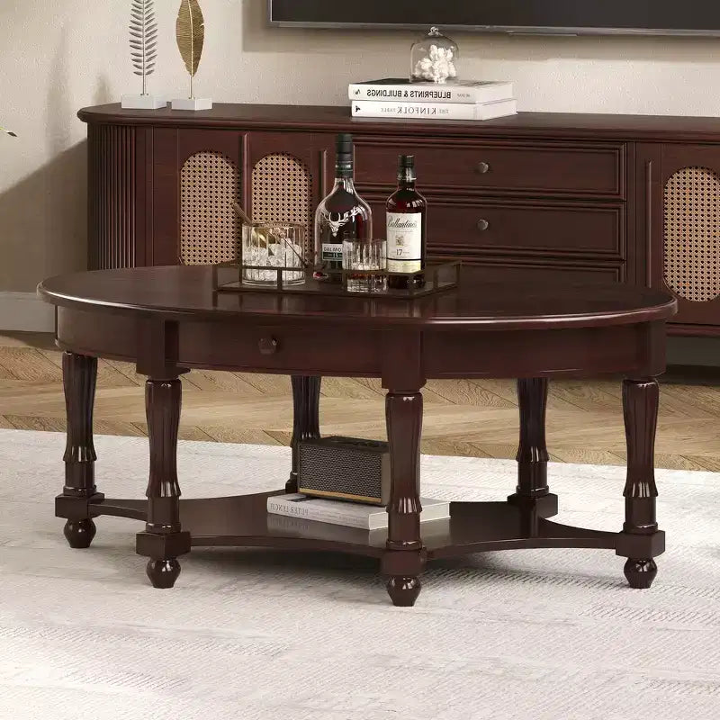 Tavolino Ovale da Salotto Francese in Stile Vintage con Cassetto e Ripiano Inferiore