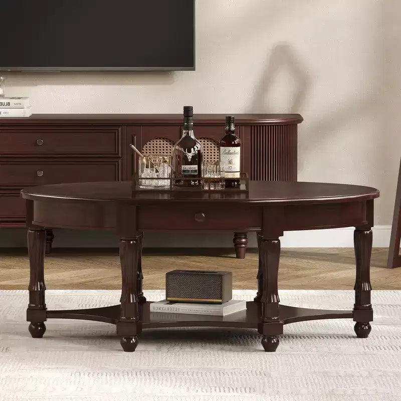 Tavolino Ovale da Salotto Francese in Stile Vintage con Cassetto e Ripiano Inferiore