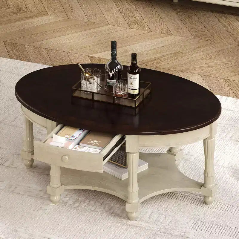 Tavolino Ovale da Salotto Francese in Stile Vintage con Cassetto e Ripiano Inferiore