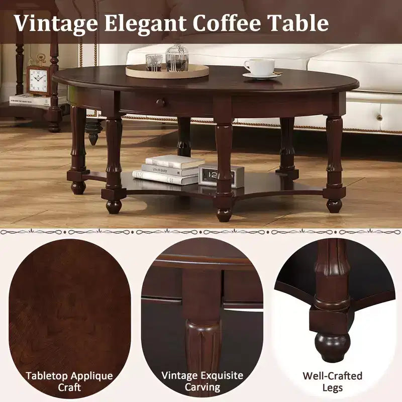 Tavolino Ovale da Salotto Francese in Stile Vintage con Cassetto e Ripiano Inferiore
