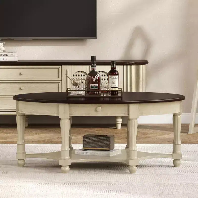 Tavolino Ovale da Salotto Francese in Stile Vintage con Cassetto e Ripiano Inferiore