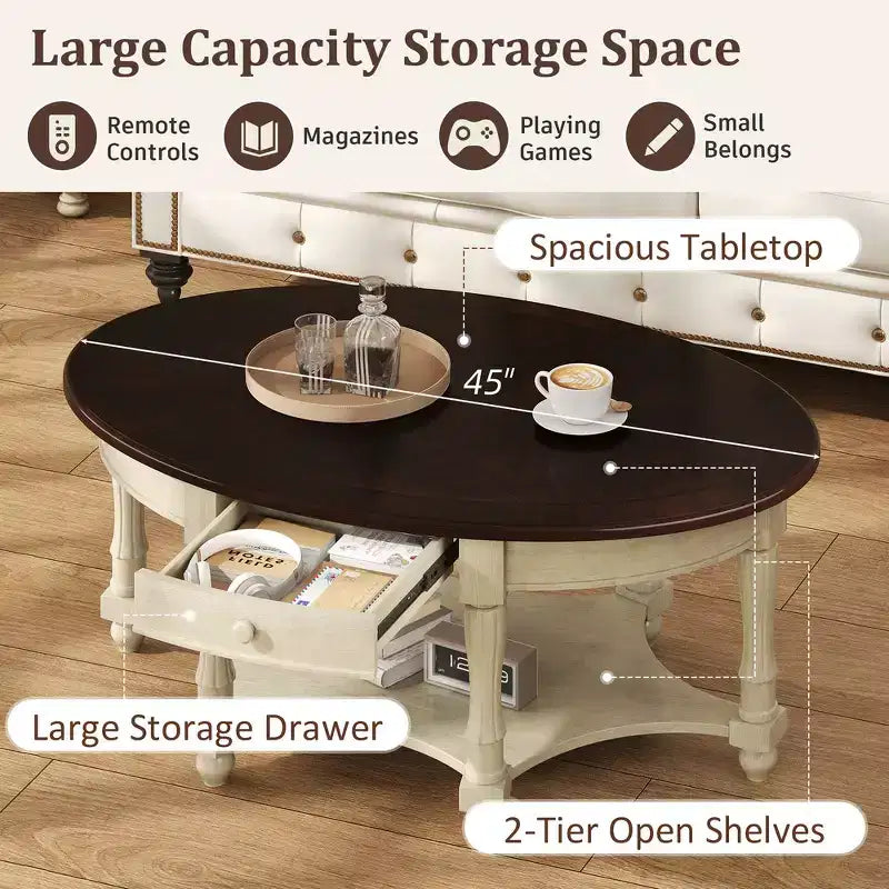Tavolino Ovale da Salotto Francese in Stile Vintage con Cassetto e Ripiano Inferiore