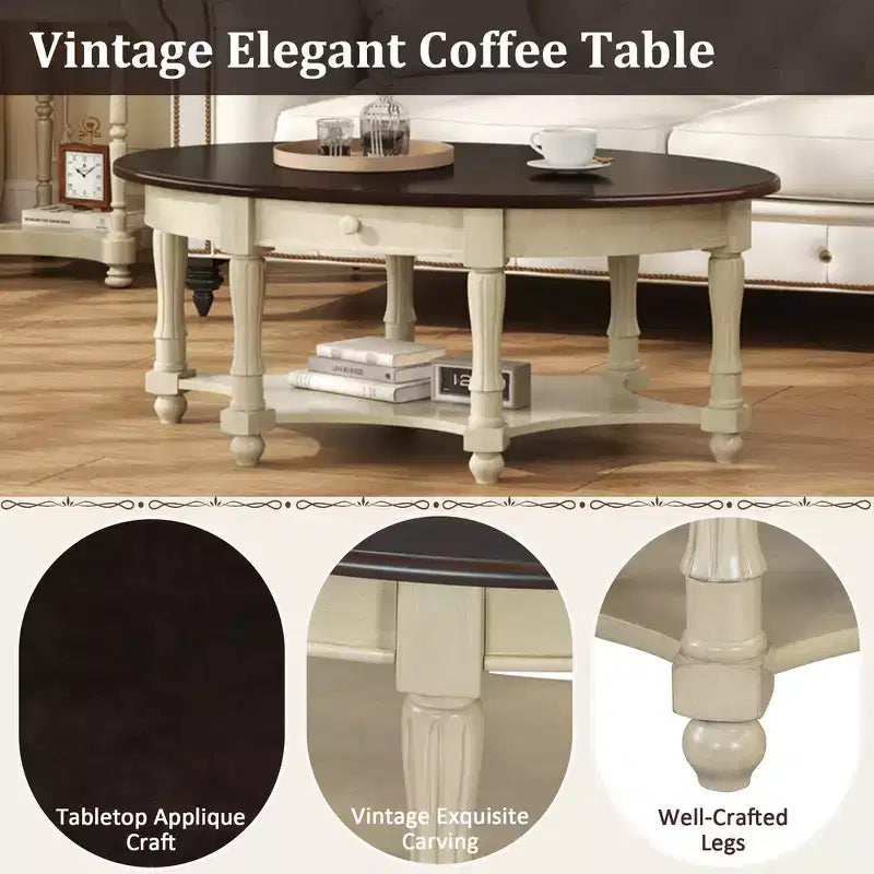 Tavolino Ovale da Salotto Francese in Stile Vintage con Cassetto e Ripiano Inferiore