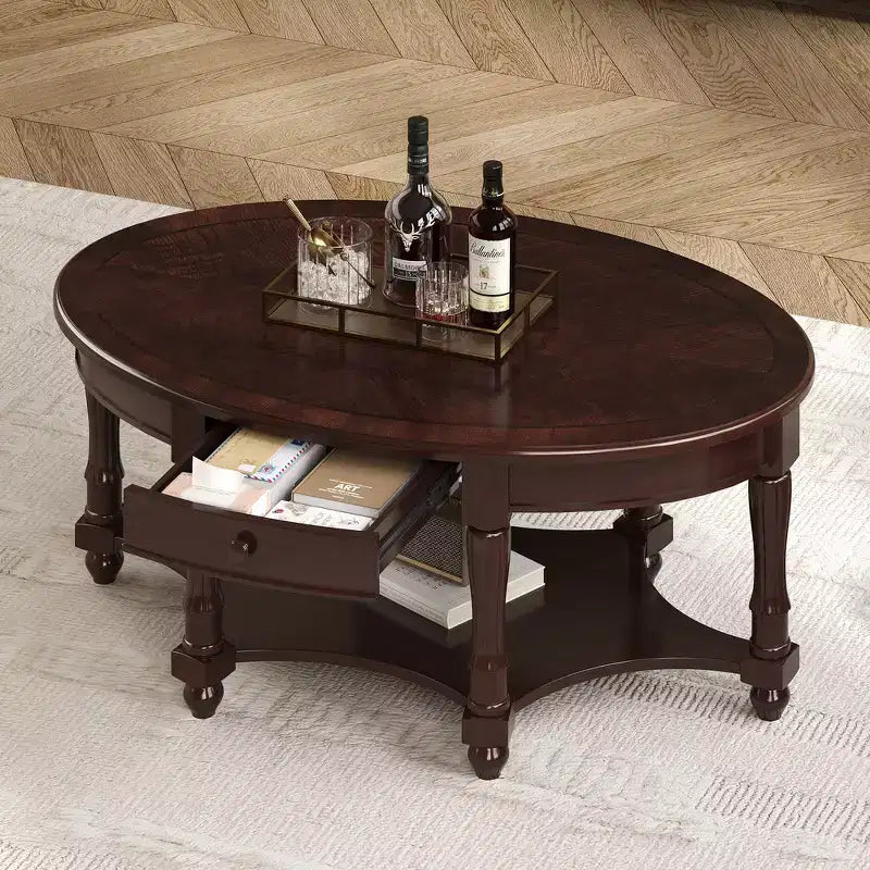 Tavolino Ovale da Salotto Francese in Stile Vintage con Cassetto e Ripiano Inferiore
