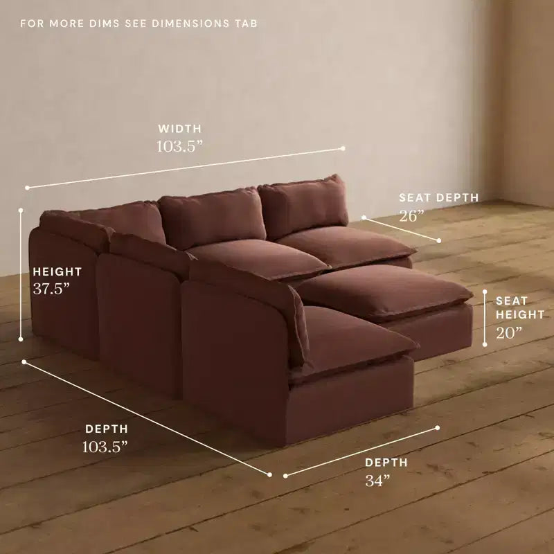 Divano componibile Anabei modulare e lavabile a 5 posti con terminali aperti e pouf - Seduta Memorix+ e cuscino Contour