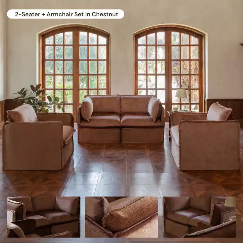 Divano componibile Anabei modulare e lavabile a 5 posti con terminali aperti e pouf - Seduta Memorix+ e cuscino Contour