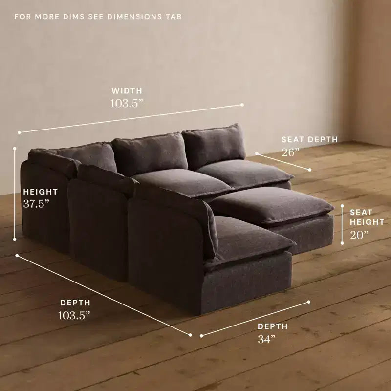 Divano componibile Anabei modulare e lavabile a 5 posti con terminali aperti e pouf - Seduta Memorix+ e cuscino Contour