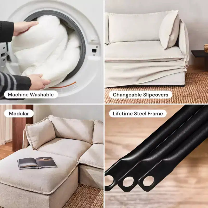 Divano componibile Anabei modulare e lavabile a 5 posti con terminali aperti e pouf - Seduta Memorix+ e cuscino Contour
