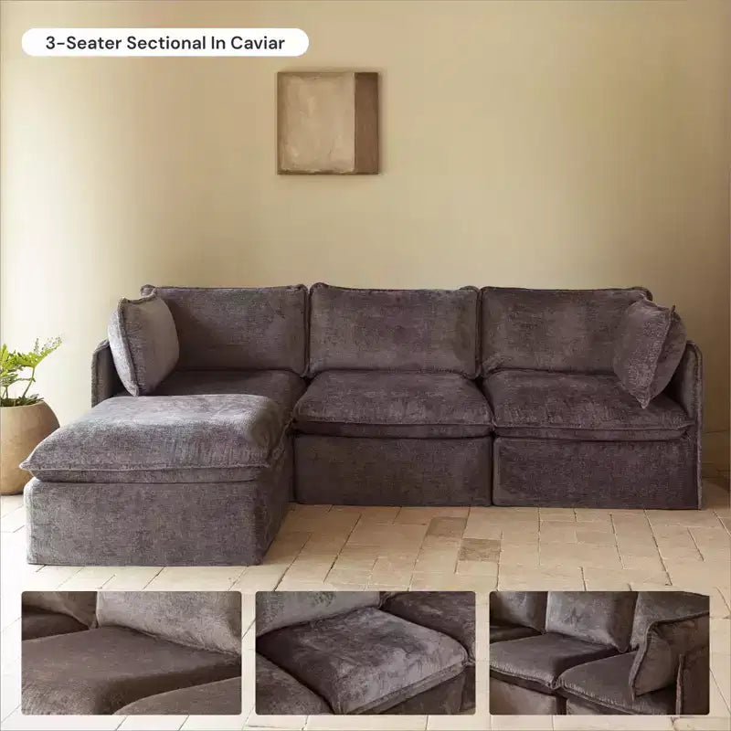 Divano componibile Anabei modulare e lavabile a 5 posti con terminali aperti e pouf - Seduta Memorix+ e cuscino Contour